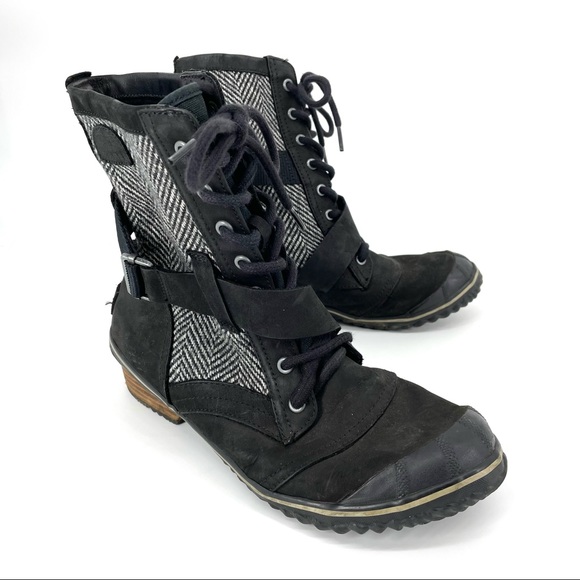 Sorel Shoes - Sorel Slim Boot Lace Up Black and Gray Herringbone Waterproof Boots